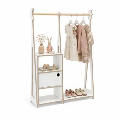 Produktbild von Kinder Kleiderständer mit Kleiderstange und Stauraum, Montessori Kindergarderobe, Weiß - leg&go, KI-generiertes Bild
