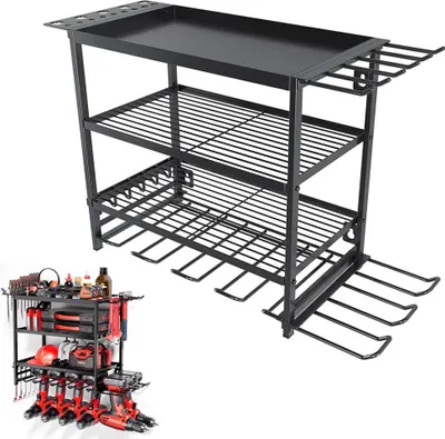 Immagine prodotto di Portautensili per utensili elettrici - Scaffale/armadietto da parete per utensili - 4 ripiani - Metallo - Supporto per trapani - Garage/officina - Nero