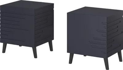 Two navy blue nightstands are shown against a white background.