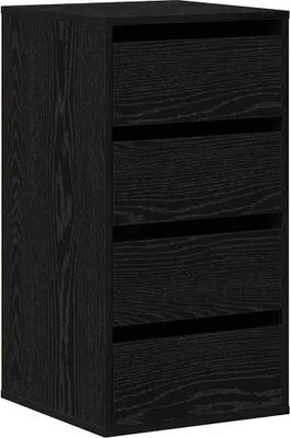 A black wooden filing cabinet with four drawers.