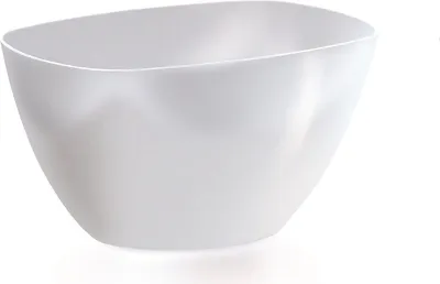 A white, square-shaped bowl with rounded edges, shown from a side angle against a white background.