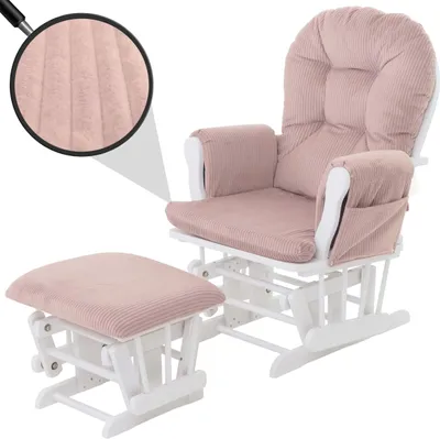 Zdjęcie produktu dla Relax fotel HWC-C76, fotel bujany fotel bujany ze stołkiem tkanina sznurek 320g/m² Oeko-Tex ~ różowy rama biały