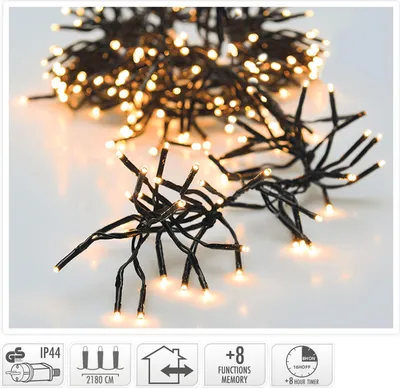 A close-up shot of a string of warm white LED cluster lights on a white background, with several icons and text labels at the bottom.