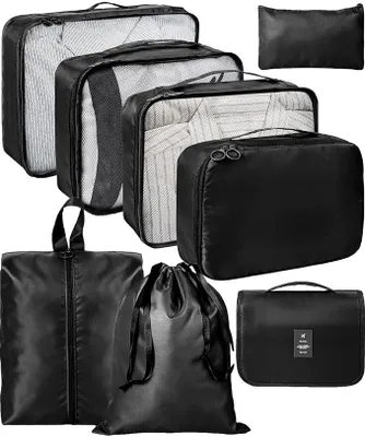 Produktbild von PolkaHome® 8-teilige Packing Cubes Reiseorganizer Set – Koffer Organizer mit Kompressionsfunktion, Wasserabweisende Reisetaschen für