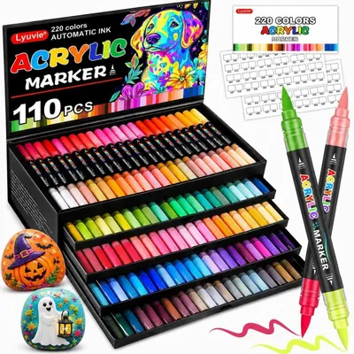 Immagine prodotto di Set di pennarelli acrilici, 220 colori, resistenti all'acqua, con punta a pennello, ideali per decorare pietre, legno, vetro e carta