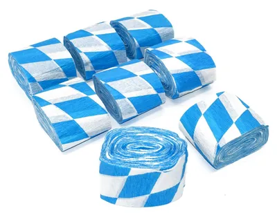 Several rolls of crepe paper streamers with a blue and white diamond pattern.