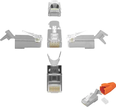 Multiple views of RJ45 network connectors and an orange boot.