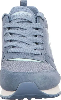 A close-up front view of a blue Skechers sneaker.