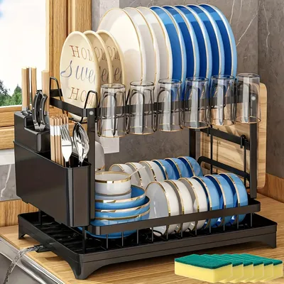 Produktbild von 2-Etagen Geschirrabtropfständer, 43x31x13 cm, mit Abtropfschale und Besteckkorb, Küchenorganisator