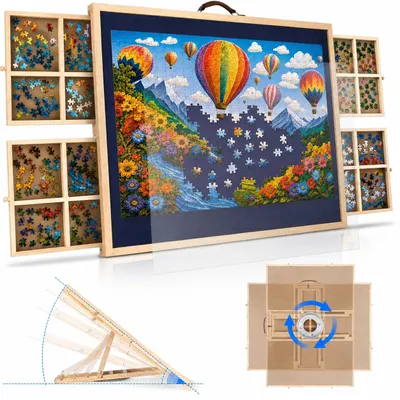Obrázok produktu pre Doska na skladanie puzzle s 1500 dielikov, otočná o 360°, s možnosťou naklonenia od 0 do 41°, rozmer 89,9 x 66 cm, vyrobená z dreva, s 4 zásuvkami (16 priehradiek), ochranným krytom, protišmykovým filcom, ideálna ako darček, Obrázok generovaný UI