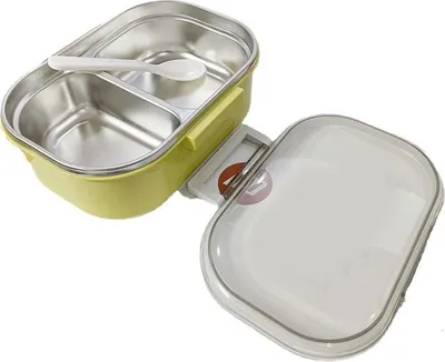 Image de Boîte à lunch en acier inoxydable de style coréen, 2 compartiments, boîte à bento, récipient alimentaire en métal pour enfants, adultes, écoliers et employés de bureau, Chartreuse