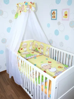 Produktbild von Primawela Baby Bettwäsche Set Bettset - 6 teiliges Set mit Chiffon Himmel Nestchen 21. Schaf Gelb