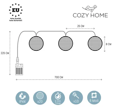 Produktbild von Lichterkette Cobus CozyHome 7m mit 8 Modi, Timer, batteriebetrieben, Lampions