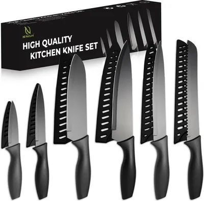 Produktbild von Hi Nature™ Messer aus Edelstahl - 6-teiliges Küchenmesserset Schwarz - Spülmaschinenfest - Profi Messer mit Klingenschutz - Küchenmesse