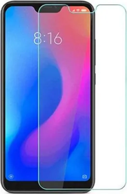 A screen protector for a smartphone is shown, with the phone's screen displaying the time and a colorful wallpaper.
