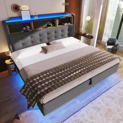 Produktbild von okwish Jugendbett 180×200 schwebendes Design mit hydraulischer Stauraum und LED,Polsterbett mit USB und Typ-C, Doppelbett in Grau,ohne Matratze