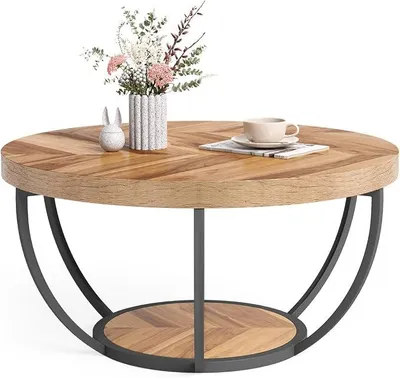Produktbild von Runder Couchtisch, 81,3 cm, runder Couchtisch für Wohnzimmer, 2-stöckiger Holzakzent-Mitteltisch mit offenem Stauraum, Industrie-Design, Wohnmöbel (Holzmaserung und Schwarz)