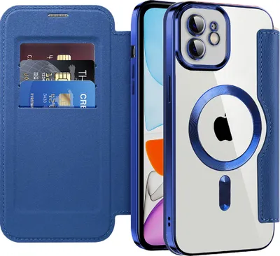 Image de Housse à rabat pour iPhone 11 Compatible avec Magsafe, Housse en cuir claire avec porte-carte et protection pour appareil photo Bleu