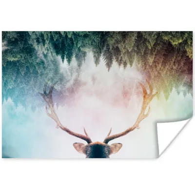 Produktbild von MuchoWow® Poster Hirsch - Geweih - Wald - Nebel 60x40 cm - Schlafzimmerdekoration