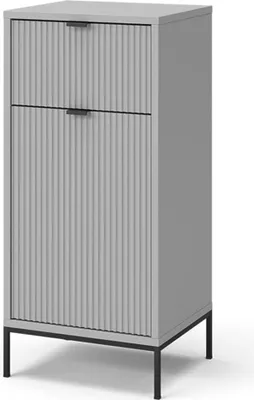 A gray storage cabinet with one drawer and one door on a white background.
