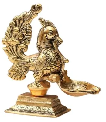 Messing-Diya mit Pfauendesign, 5 Zoll, Gold, Öllampe für Puja