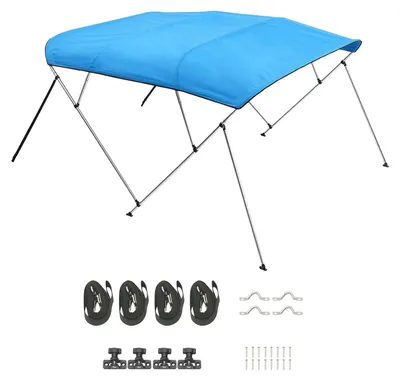 Immagine prodotto di Copertura per tenda da sole (Bimini) per imbarcazioni, con 4 archi, realizzata in resistente poliestere 600D e dotata di una robusta struttura in lega di alluminio. Tenda da sole impermeabile per imbarcazioni, inclusa una pratica custodia, larghezza da 231 a 244 cm, colore blu.
