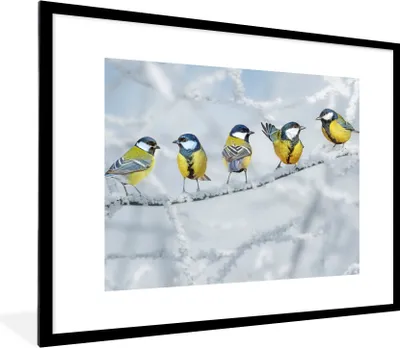 Produktbild von MuchoWow® Gerahmtes Poster Vogel - Kohlmeise - Winter - Schnee - Zweige 80x60 cm - Poster mit Schwarzem Bilderrahmen Wandposter Rahmen Foto Bilder - Schlafzimmer-Dekorationen - Fotoposter