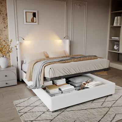 Produktbild von Fortuna Lai Polsterbett 140x200cm, Hydraulisch Doppelbett mit Leselicht Kopfteil, Stauraumbetten Bettgestell mit Lattenrost, Cord-Luftdruckbett Jugendbett, Beige