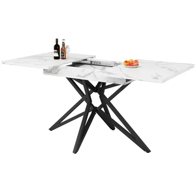 Produktbild von Ausziehbarer Esstisch(Weiss)120(160)x80cm, ausziehbarer Küchentisch, Frühstückstisch, sternförmige Tischbeine,Tischplatte aus Marmorimitat