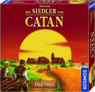 The image shows the front and side of a board game box for 'Die Siedler von Catan'. The front features artwork of a rural scene with a large sun, houses, and people working in a field. The side shows the game's title vertically.
