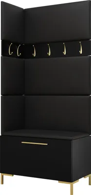 A black corner coat rack with gold hooks and a bench with a gold drawer pull, set against a white background.