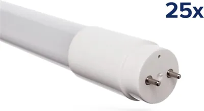 A close-up, angled view of the end of a white LED tube light with silver pins.