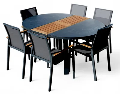 Produktbild von ALEOS. Gartengarnitur Gartenset Aluminium TEAK Set mit rundem Ausziehtisch 120cm auf 160cm ausziehbar + 6 Stapelstühle anthrazit Trinidad