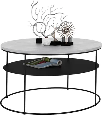 Zdjęcie produktu dla Okrągły Stolik Kawowy z Półką Salon Loft Metal 75x75x43 Czarny+Beton Jasny