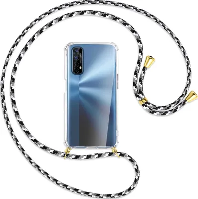 Produktbild von Handykette Backcover-Schutzhülle mit Band (Metall goldfarben) für Realme 7 (RMX2151) - schwarz/grau/weiß