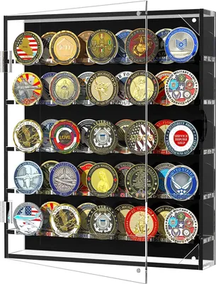 Produktbild von Münzvitrine für Münzen, Militärische Herausforderung, Münzhalter mit abnehmbaren Regalen und magnetischer Tür, Münzbox für 45 Militärmedaillen
