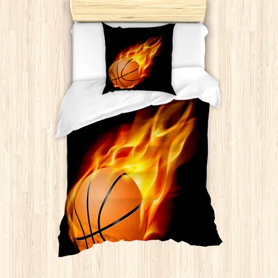 Produktbild von ABAKUHAUS Sport Mantele, Basketball Feuer schießen, Milbensicher Allergiker geeignet mit Kissenbezügen, 135 cm x 200 cm - 80 x 80 cm, schwarz orange