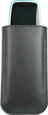 A black leather phone case with a portion of a blue-rimmed smartphone visible at the top.