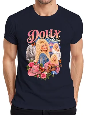 Immagine prodotto di Maglietta da uomo, stile retrò, con la scritta "Dolly Parton", cantante di musica country, immagine di cowgirl, chitarra western, colore blu navy, taglia L