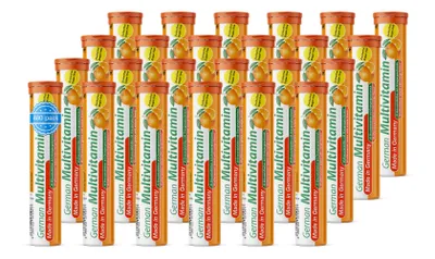 Produktbild von German Multivitamin Brausetabletten 24x20 Stk. Orangengeschmack - Vitamin C, E, B1, B2, B6, B12, Biotin, Folsäure, Niacin, Pantothensäure Zuckerfrei – T&D Pharma – Germany