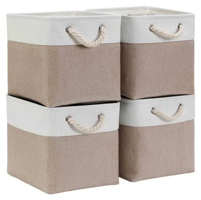 Image de Boîte de rangement en tissu, 33 x 33 x 33 cm, pliable, blanc kaki clair