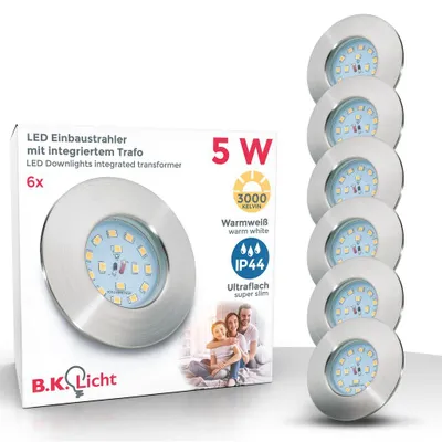 Immagine prodotto di Faretti LED da incasso, luci LED integrate 5W, diametro foro 60mm, faretti per bagno ultrasottili da soffitto, luce calda, illuminazione da interno, set da 3/6, plastica color nickel opaco, 230V IP44