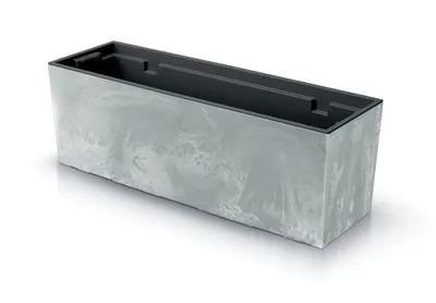 A rectangular planter with a concrete-like texture and a black interior.