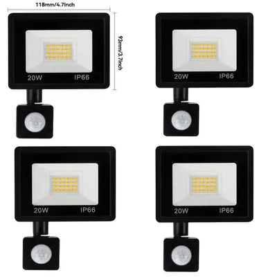 Zdjęcie produktu dla Oświetlenie LED do montażu na ścianie zewnętrznej - zestaw 4 sztuk - 20 W na lampę - czujnik ruchu PIR - napięcie zasilania 220 V - klasa szczelności IP65 (wodoszczelne)