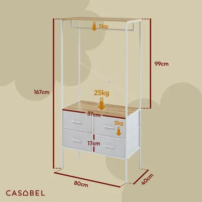 Produktbild von CASABEL offener Kleiderschrank, 4 Stoffschubladen, Holz, weißem Metall
