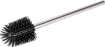 A toilet brush with a black brush head and a silver handle, isolated on a white background.