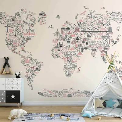 Produktbild von Vlies Fototapete - Map With Icons - Cartoon Representation of the World in Pastel Colours 250x175 cm Für Kinder e-C-10077-a-a