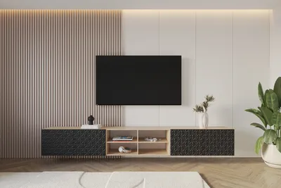 Produktbild von ALTDECOR TV-Schrank VIRA-W mit Gefrästen Fronten 3x100x40x40 Lowboard hängend, TV Möbel, TV Cabinet, Fernsehtisch, Fernsehschrank, TV Kommode, TV Tisch, TV Sideboard, TV Board - Artisan / Schwarz