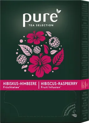 A box of Pure Tea Selection Hibiscus-Raspberry fruit infusion tea.