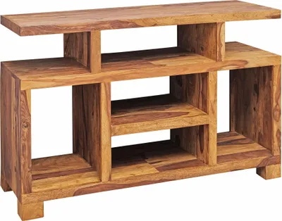 Sideboard Sheesham Massivholz 115x76x40cm Landhaus TV-Kommode in Gesamtansicht mit offenen Fächern und massiven Holzbeinen.